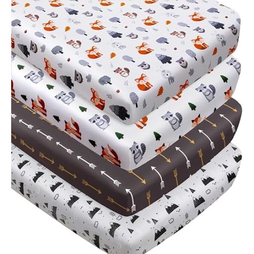 4 Pack Woodland Fox and Bear Design Fitted Nursery Sheets Neutral Unisex Baby Breathable Sheets for Boys or Girls (Crib Sheet)