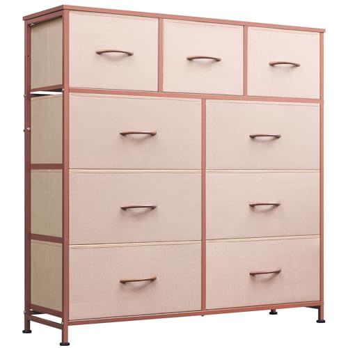 WLIVE 9-Drawer Dresser, Fabric Storage Tower for Bedroom, Hallway, Entryway, Closet, Tall Chest Organizer Unit with Fabric Bins, Steel Frame, Wood Top, Easy Pull Handle, Pink