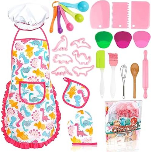 KAEGREEL Kids Baking Set 26Pcs with Dinosaur Apron & Hat Cooking Chef Dress Up Role Play Toys, Kitchen Toys Pretend Play Gifts for Girls Boys Aged 3 4 5 6 8 Years Old