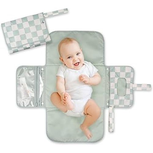 Tiny Twinkle Portable Diaper Changing Pad-Foldable Waterproof Changing Mat&Portable Changing Pad for Travel,Baby Changing Station with Smart Wipes Pocket&Storage (Sage Checkers)