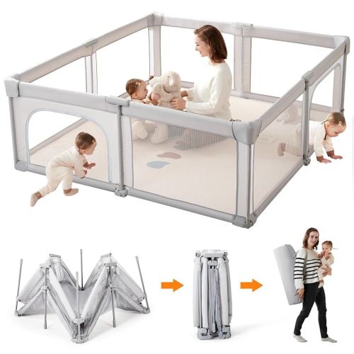 Baby Playpen,Foldable Portable Playpen for Babies and Toddlers,59”x59”Play Pen with Zipper Door,Play Pen Indoor & Outdoor Baby Fence Play Area, Collapsible Play Yard with Travel Bag(Light Grey)