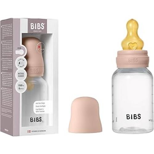 BIBS Baby Bottle 5 oz / 150 ml Natural Rubber Latex Nipple - Anti-Colic, BPA-Free, Round Nipple, Slow Flow, Lightweight & Easy to Clean, Suitable for Newborns 0+ Years - Blush