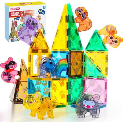 50PCS Magnetic Tiles Jungle Animal Set for Kids, Educational STEM Toy for Boys & Girls Ages 3-5 4-8, Xmas Birthday Party Gift for Toddlers