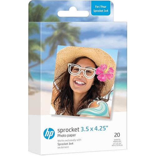 HP Sprocket 3.5 x 4.25” Zink Sticky-Backed Photo Paper (20 Pack) Compatible with HP Sprocket 3x4 Photo Printer