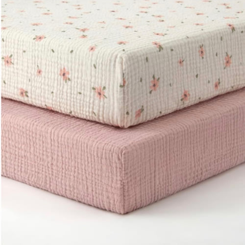 Blissful Diary Muslin Mini Crib Sheets, Pack and Play Mattress Sheets Fitted for Pack N Play, Soft Cotton for Boys Girls, 2 Pack(Retro Yellow&Beige)