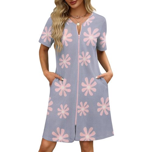 Ekouaer Women Zipper Robes Waffle Short Bathrobe Lightweight House Coat with Pockets Soft Nightgown S-3XL