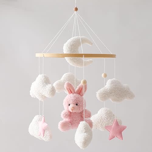 EERKEOD Baby Crib Mobile Bunny Nursery Mobile for Boys Girls Teddy Velvet Mobile Nursery Decor for Infant Bedroom Hanging Baby Mobile for Bassinet Newborn Baby Gift(Pink Bunny)