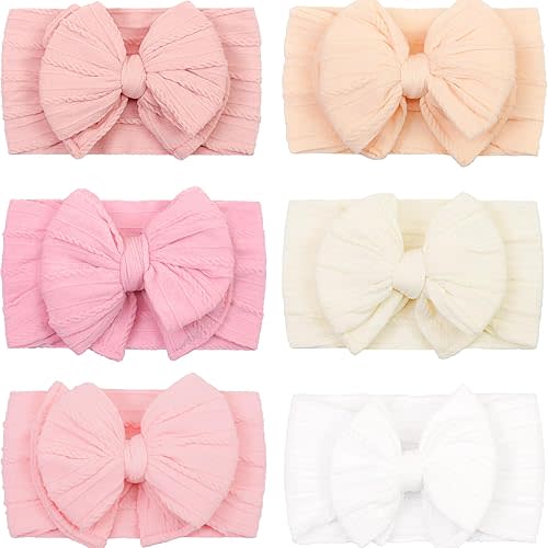 CÉLLOT 6 Pcs Super Stretchy Soft Handmade Headbands with Double Bows Head Wrap Nylon Hair Accessories For Newborn Baby Girls Infant Toddlers Kids(Pink)