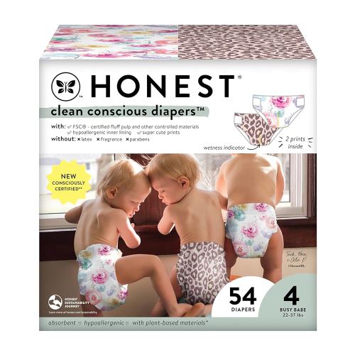 The Honest Company Clean Conscious Diapers for Sensitive Skin | Hypoallergenic, Fragrance Free | Girl Prints | Club Box, Size 4 (22-37 lbs), 54 Count (Prints May Temporarily Vary)