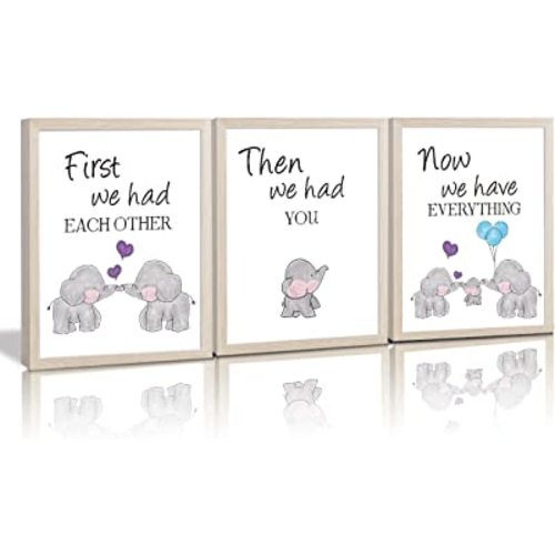 KAIRNE Watercolor Elephant Family Framed Canvas Wall Art ,First We Had Each Other Quote Art Print,Nursery Animal Love Words Picture Ready to Hang For Kids Room Decor