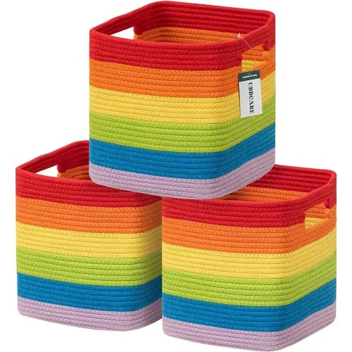 UBBCARE Set of 3 Cotton Rope Basket 11 X 10.5 X 10.5 Inches, Woven Storage Baskets for Shelves, Organizing with Handles, Cube Storage Bins for Storage Books, Magazines, Toys, Rainbow