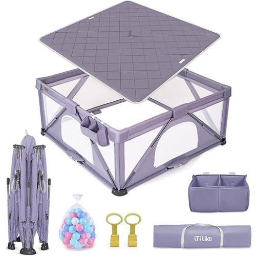 Foldable Baby Playpen, iTiLike Large Playard with Detachable Thicken Mat, Playpen for Babies and Toddlers with Storage Bag, Play Pens with Gate, Indoor & Outdoor Portable Play Yard, Sturdy Baby Fence