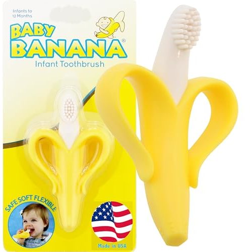 The Original Baby Banana Toothbrush Teether Toy, for Babies Infants Toddlers; USA Family-Owned Business; Teething Relief for Sore Gums, Massaging Soothing; Safest Food Grade Silicone