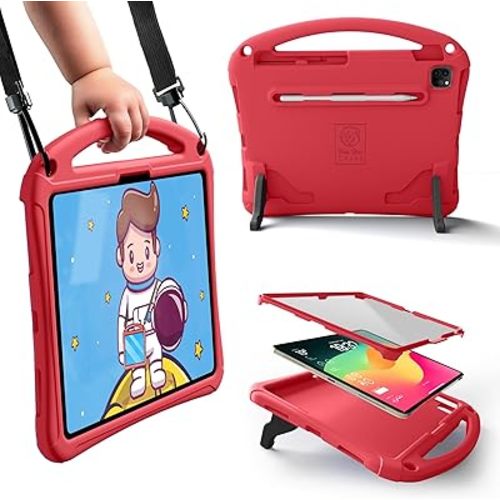 Bam Bino Space Suit Kids Case for iPad Pro 12.9" 3rd/4th/5th/6th Generation (2018-2022) Models [Not for iPad Pro 12.9 1st/2nd Gen] Screen Guard, Handle, Shoulder Strap, Pencil Holder (Pink)