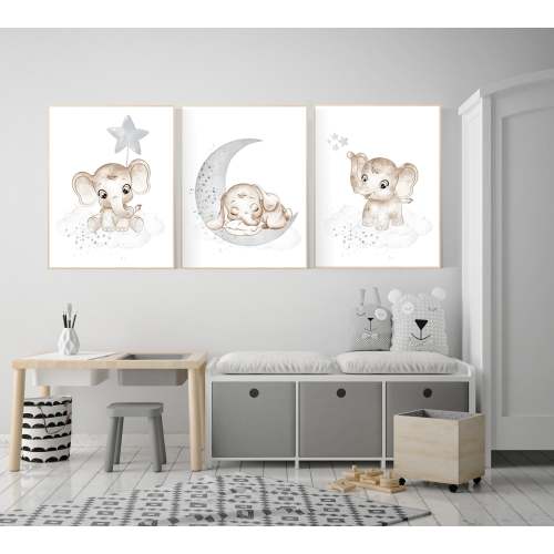Grey nursery wall decor, gender neutral, elephant nursery wall decor, neutral nursery, baby room decor, gray nursery, unisex, twins