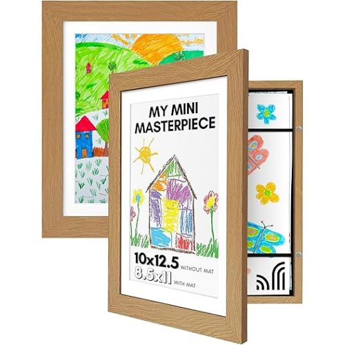 Americanflat Set of 2 10x12.5 Kids Art Frame - Front Loading Picture Frame Holds 100 Artworks - Use as 8.5x11 Frame with Mat or 10x12.5 Frame Without Mat - My Mini Masterpiece - Dark Oak