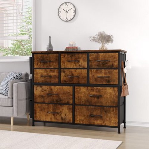 Homhougo Dresser for Bedroom with 10 Fabric Drawers, Chests of Drawers with Wood Top, Organizer Storage Cabinet with Side Pockets & Hooks for Entryway, Hallway, Closet, Nursery, Brown