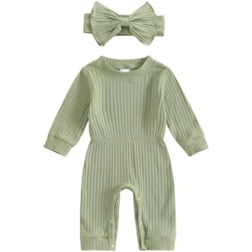 Winioder Newborn Baby Girl Fall Clothes Ribbed Long Sleeve Romper Jumpsuit with Headband Infant 2Pcs Coming Home Outfit