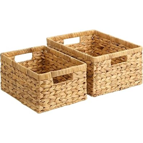 StorageWorks Wicker Storage Baskets, Handwoven Water Hyacinth Basket for Organizing, Decorative Organizers with Built-in Handles, Set of 2