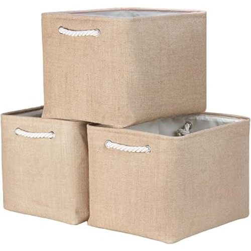 Bidtakay Fabric Storage Baskets for Shelves 3 Pack Large Storage Bins for Organizing Linen Collapsible Organizer for Closet-Flaxen