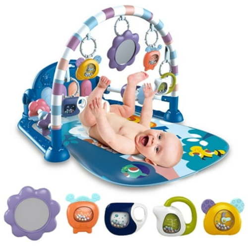 Babyeap Baby Gym Play Mat 3 in 1 Fitness Rack with Music and Lights Fun Piano Baby Activity Center,Blue