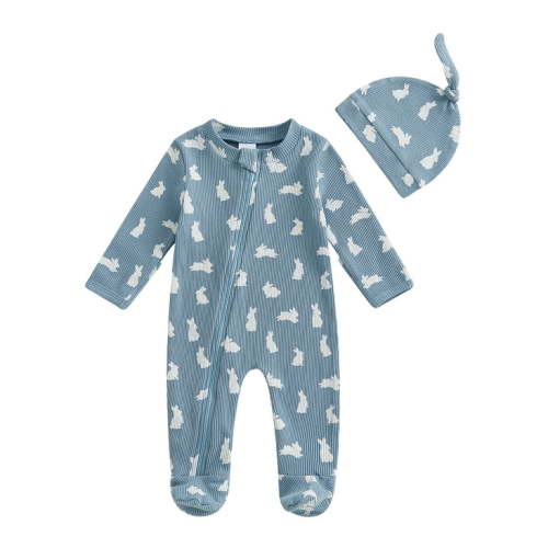 Suealasg Easter Baby Boy Pajamas Rompers Long Sleeve Bunny Print One-Piece Pajamas Infant Footie Pjs Newborn Zip Up Full Length Jumpsuits Sleepwear Hat