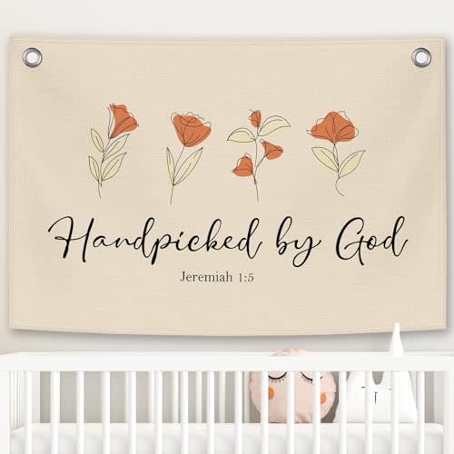 Nursery Christian Kids Banner Canvas, Flower Floral Toddler Room Decor,Handpicked by God Hanging Flag Sign, Positive Wall Tapestry Art for Baby Shower Classroom Playroom Bedroom Decor 20x30in