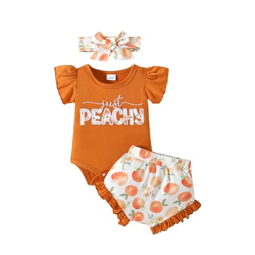 Youweixiong Newborn Infant Baby Girl Summer Clothes Ruffle Sleeve Just Peachy Romper+Peach Bloomer Short+Headband 3Pcs Outfit