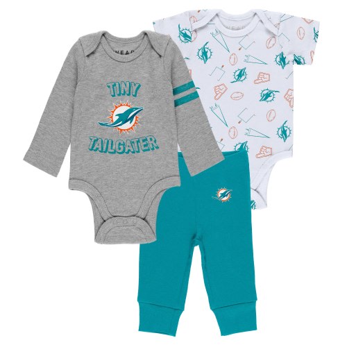Miami Dolphins WEAR by Erin Andrews Newborn & Infant Three-Piece Turn Me Around Bodysuits & Pant Set - Gray/Aqua/White