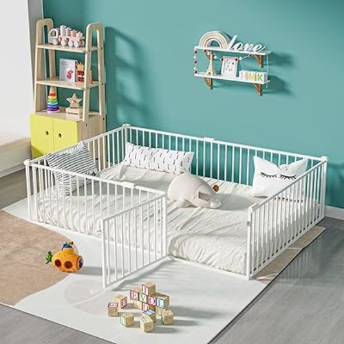 Full Floor Bed for Child, Metal Montessori Bed Frame with Safety Guardrails, Montessori Floor Bed Frame with Anti-Collision Cotton for Girls and Boys, No Box Spring Needed, White