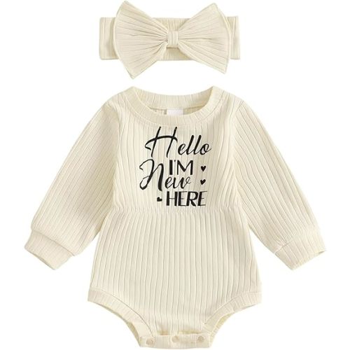 Karwuiio Newborn Baby Girl Fall Outfits Long Sleeve Ribbed Knit Jumpsuit Romper with Headband Infant Clothes Sets