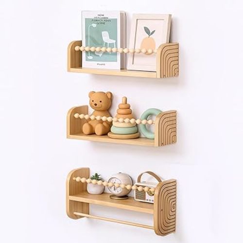 SAG's store Floating Nursery Shelves - Set of 3 Natural Wood Wall-Mounted Bookshelves for Kids Room, Baby Room, Nursery Decor - 15.7" Wide, Solid Wood Shelves for Books, Toys, and Decor Storage