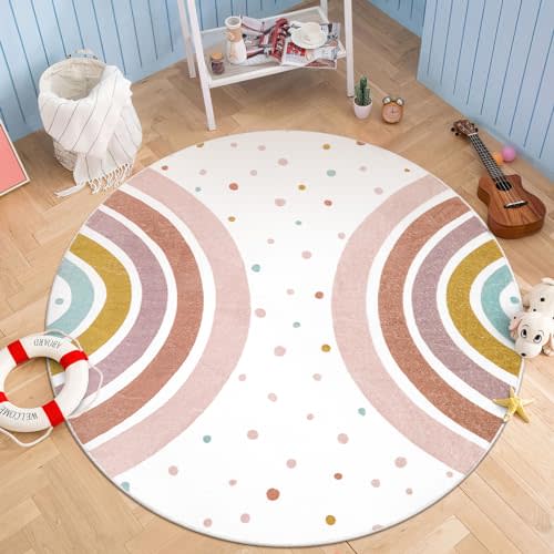 STARUIA Round Rainbow Nursery Rug, 5 Ft Washable Kids Rug for Playroom, Non-Slip Colorful Rug for Classroom, Large Princess Rugs Soft Girls Bedroom Carpet for Kids Room Reading Nook
