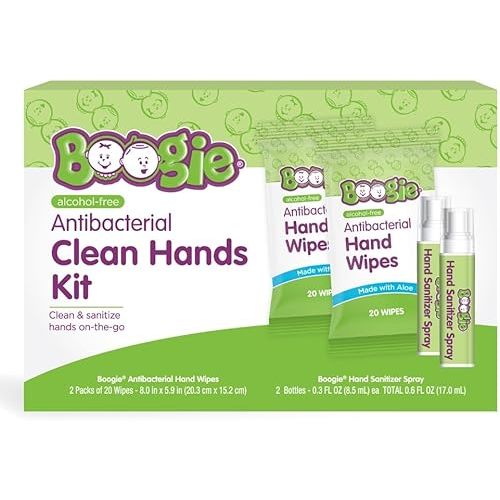 Boogie Hand Sanitizing Kit, Antibacterial Hand Wipes and Hand Spray, Alcohol Free, Hypoallergenic and Moisturizing Aloe, 20 Count Wipes (Pack of 2) and 0.3 Ounce Spray (Pack of 2)