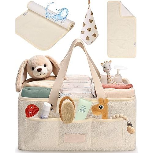 Baby Diaper Caddy Organizer with Portable Changing Mat & Burp Cloth - Teddy Fleece Diaper Organizer for Changing Table - Baby Basket for Diaper Changing Essentials - Baby Caddy Organizer with Dividers