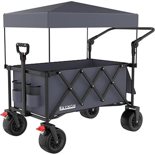 150L Foldable Wagon with 300lbs Weight Capacity,Utility Wagons Carts Heavy Duty with Removable Canopy,with Big All-Terrain Beach Wheels & Drink Holders,for Camping,Garden,Sports,Beach,Gray