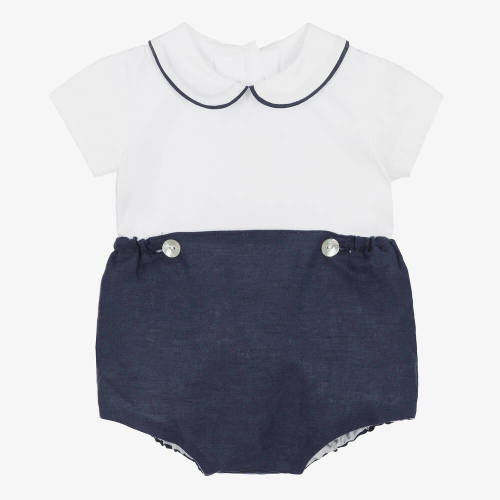 Ancar - Boys Blue & White Cotton Buster Suit | Childrensalon