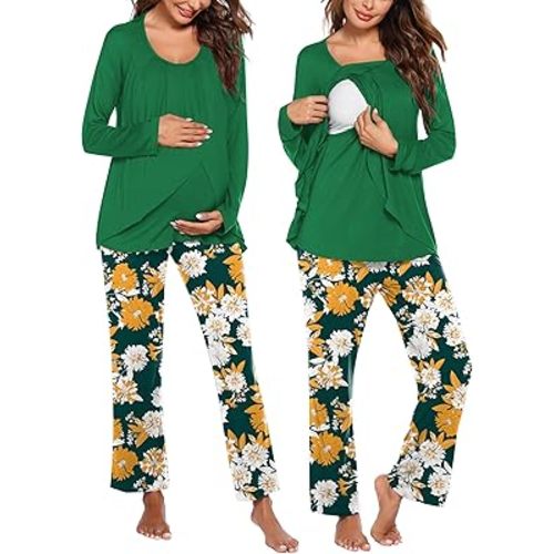Ekouaer Maternity Nursing Pajama Set Long Sleeve Top & Pants with Pockets Breastfeeding Sleepwear Double Layer Pregnancy