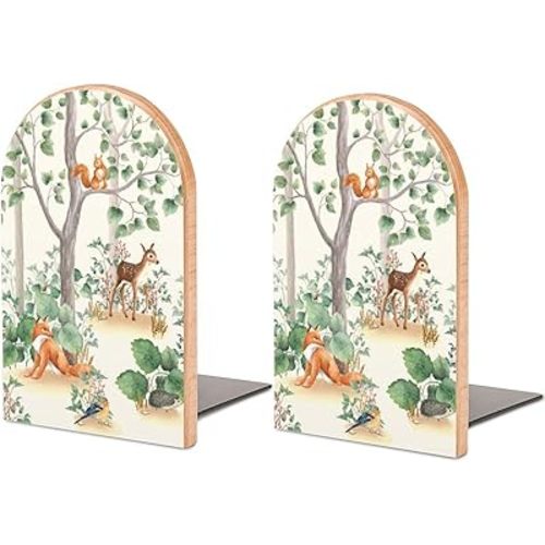 Book Ends Bookends for Shelves to Hold Books Woodland Animals Boho Art Print Small Non-Slip Book Stoppers Wood Decorative Home Office Desk