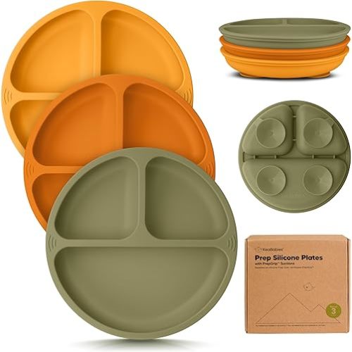 KeaBabies Suction Plates for Baby, Toddler - 3-Pack 100% Silicone Toddler Plates, Divided Baby Plates with Suction, Silicone Plates for Baby, Kids, BPA-Free, Microwave, Dishwasher Safe (Harvest)