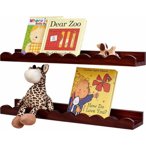 Walnut Scalloped Book Shelf, Dark Wood Nursery Book Shelves Set of 2 Pine Wooden Floating Bookshelf for Wall Cloud Picture Ledge Shelf for Kids Bedroom Baby Child Toddler Room Kitchen(60cm)