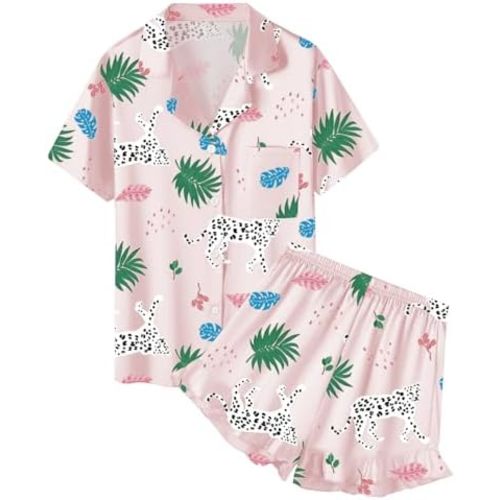 QZH.DUAO Girls Satin Pajamas Set Button Down Silk 2 Piece Pj Sets Ruffle Short Sleeve Sleepwear