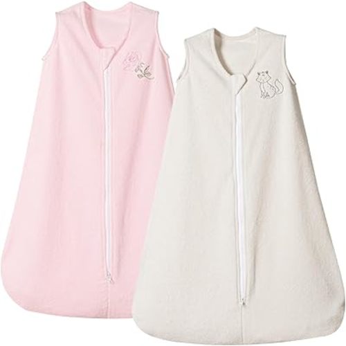 PHF Warm Micro-Fleece Baby Sleep Sack 6-12 Months, Soft Baby Wearable Blanket, 2-Way Zipper Sleeping Bags, 2 Pack Comfy Sleeping Sack for Infant Newborn Girls, Medium Size, Oat Milk & Pink