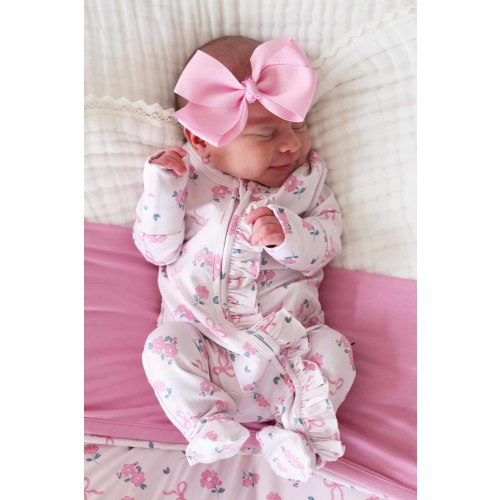 Ribbon & Roses Ruffle Zipper Footie | Pink (Newborn)