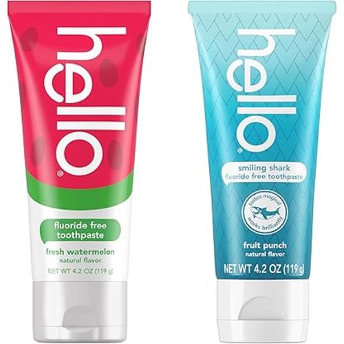 hello Smiling Shark and Fresh Watermelon Fluoride Free Kids Toothpaste Pack, Includes 4.2 oz Smiling Shark Kids Fluoride Free Toothpaste and 4.2 oz Fluoride Free Fresh Watermelon Toothpaste