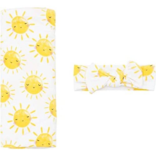 Little Sleepies Newborn Swaddle + Headband Set, Viscose from Bamboo Baby Wrap, Sunshine