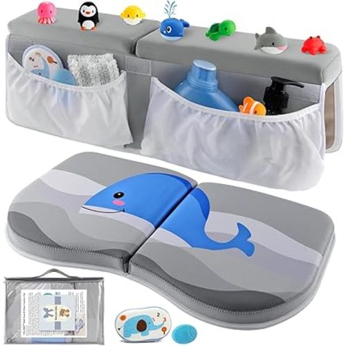 Bath Kneeler and Elbow Rest Pad Set for Bathing Baby, Thick Comfortable Bathtub Kneeling Mat with Arm Support Cushion and Toy Organizer Pockets for Babies, Quick Drying Non-Slip Memory Foam