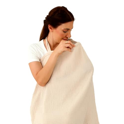 insular Muslin Nursing Cover for Breastfeeding, Breathable Privacy Nursing Covers with Arch Neckline for Mom, Soft Cotton Multi-use Nursing Apron, Khaki