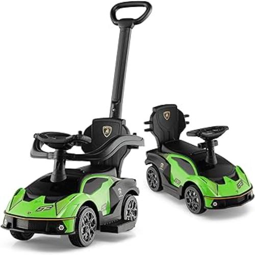 HONEY JOY Push Cars for Toddlers, Lamborghini Kids Toy Car Stroller w/Push Handle & Detachable Guardrail, Horn & Engine Sound, Seat Storage, Foot-to-Floor Ride On Push Car for Boys Girls(Green)