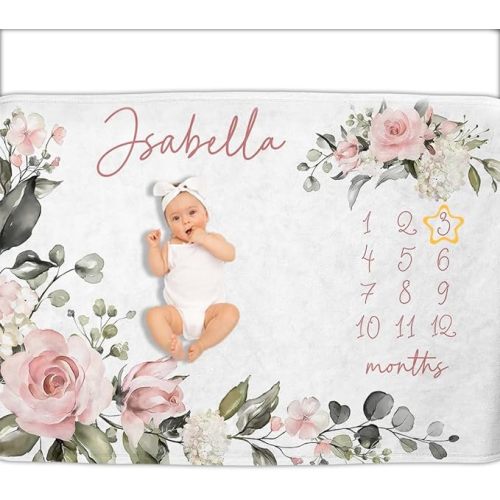 OLIVE OLIVIA Personalized Baby Gifts With Customized Name - Monthly Milestone Blanket for Girls and Boys, Perfect Custom Gift, 60"x80"